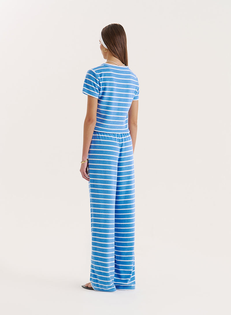 Blue Stripe Towelling Straight Leg Trouser- Livia