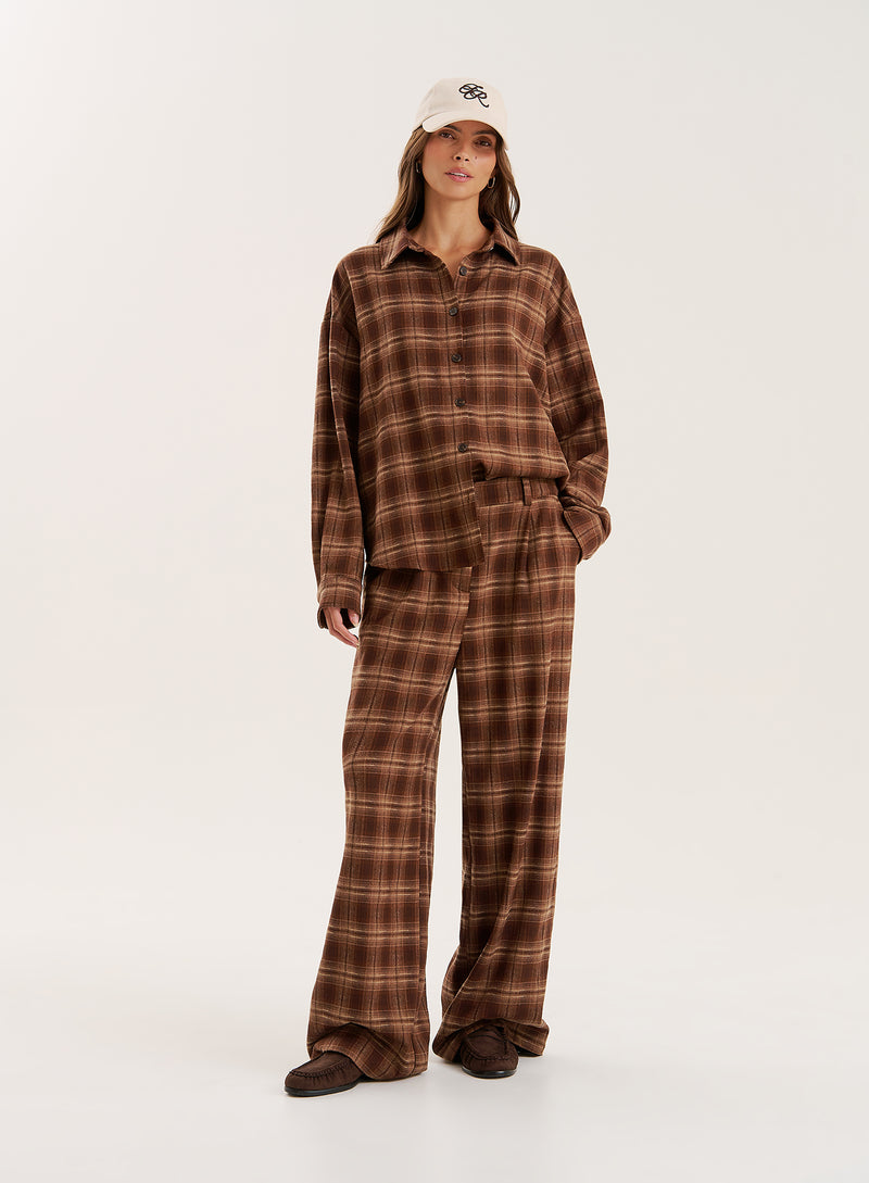Brown Check Printed Oversized Shirt- Tove