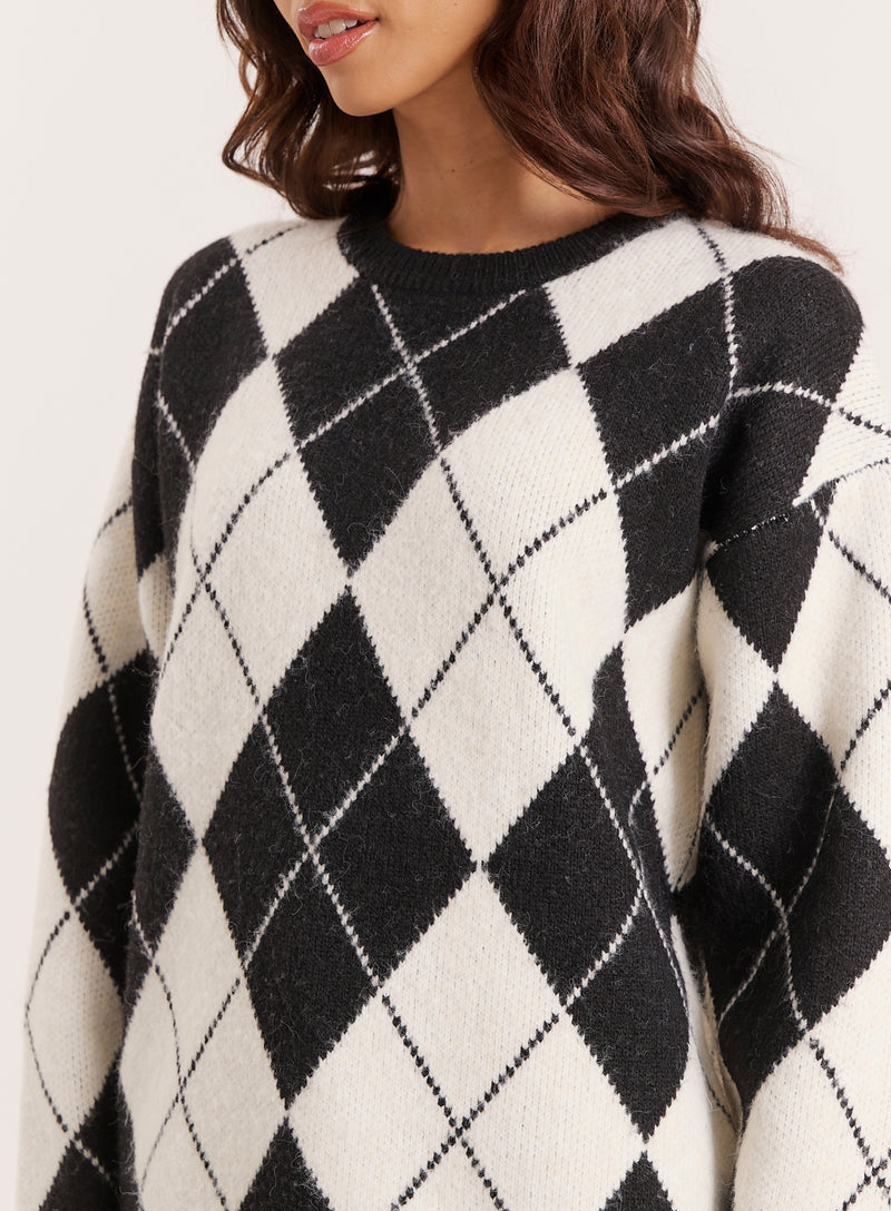 Black And Cream Knitted Argyle Crew Neck Jumper- Molly