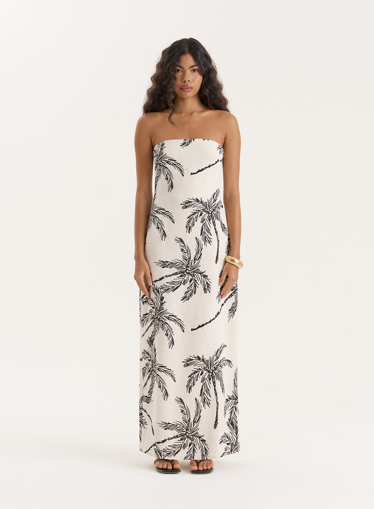 Printed Linen Blend Bandeau Midaxi Dress- Carmel