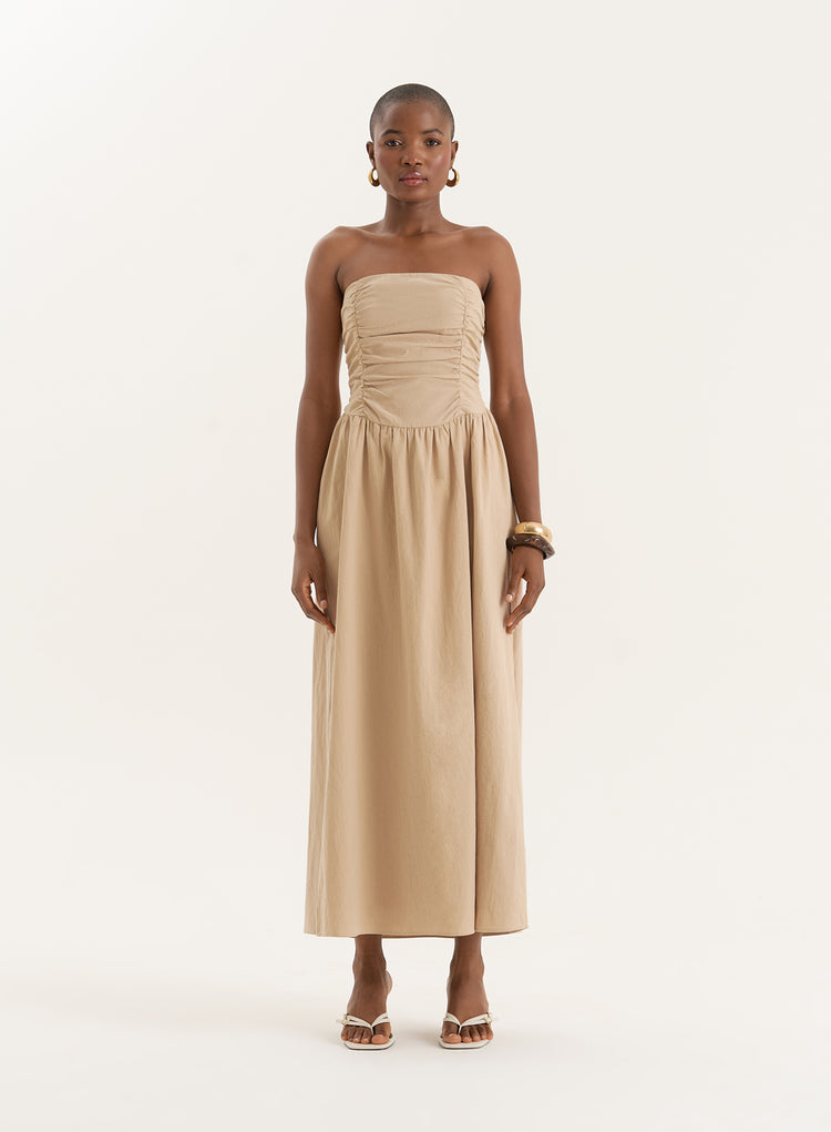 Beige Bandeau Ruched Detail Maxi Dress- Mikayla