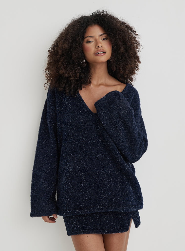 Navy Tinsel Knit V Neck Jumper- Ennis