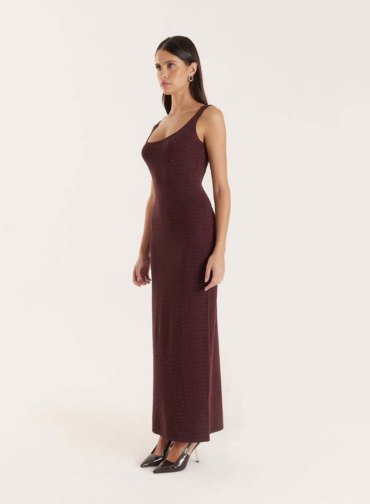 Chocolate Knitted Embellished Scoop Neck Dress- Joyce