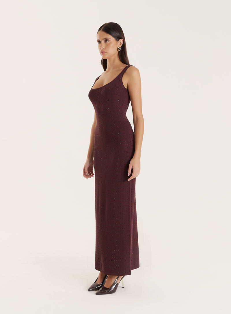 Chocolate Knitted Embellished Scoop Neck Dress- Joyce