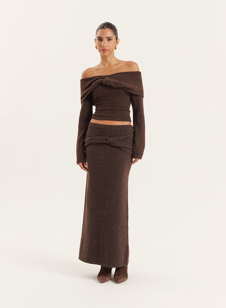 Chocolate Ruched Waist Knitted Maxi Skirt- Selene