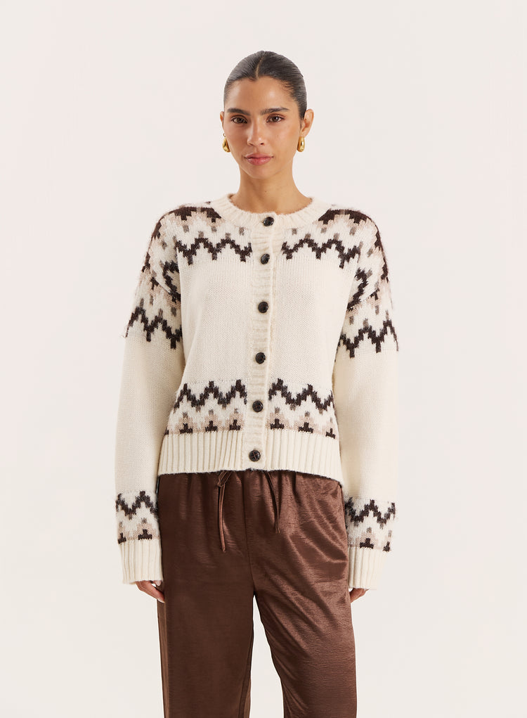 White Knitted Fairisle Button Front Cardigan- Brandon