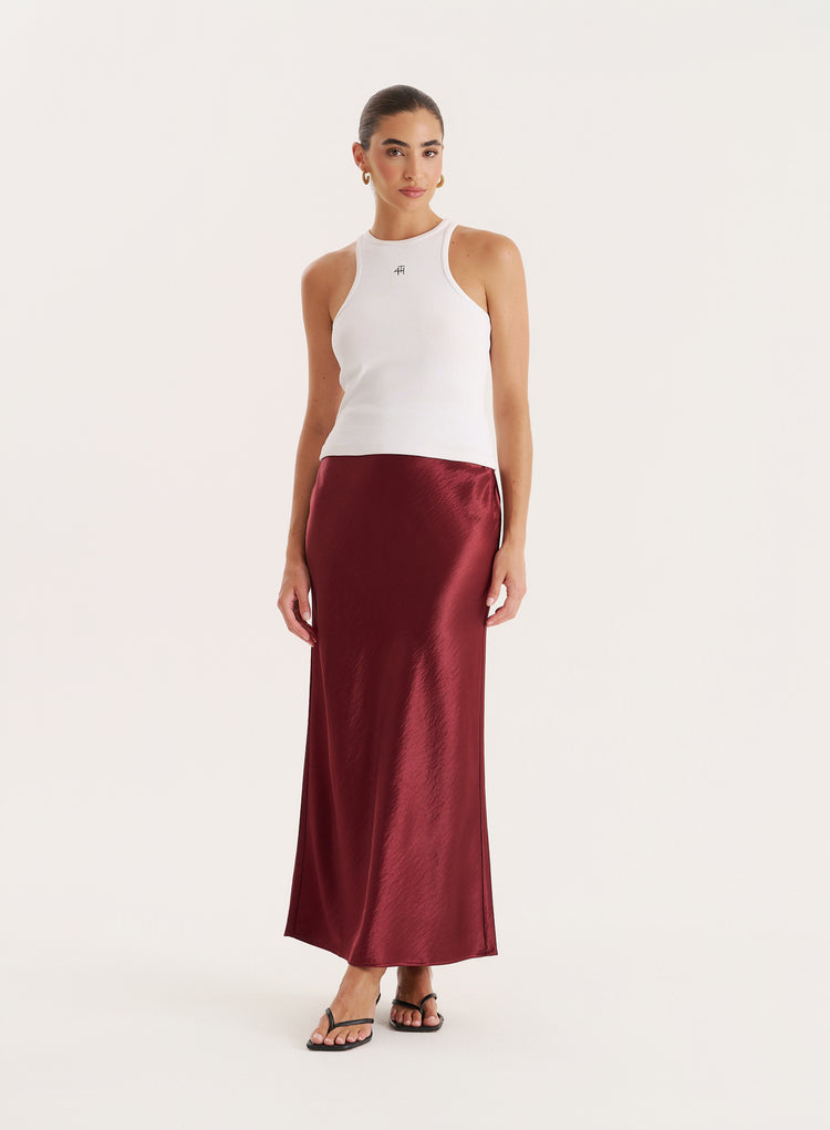 Burgundy Satin Maxi Skirt- Novah