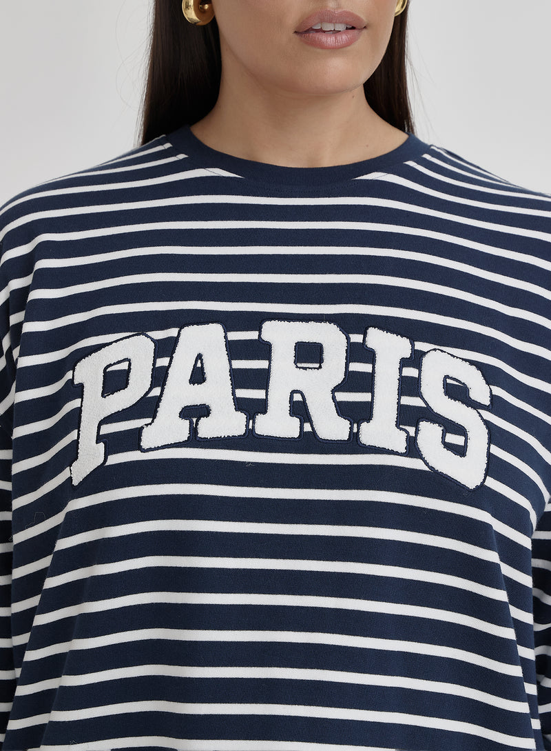 White And Plus Size Striped Paris Oversized Sweatshirt- Anni