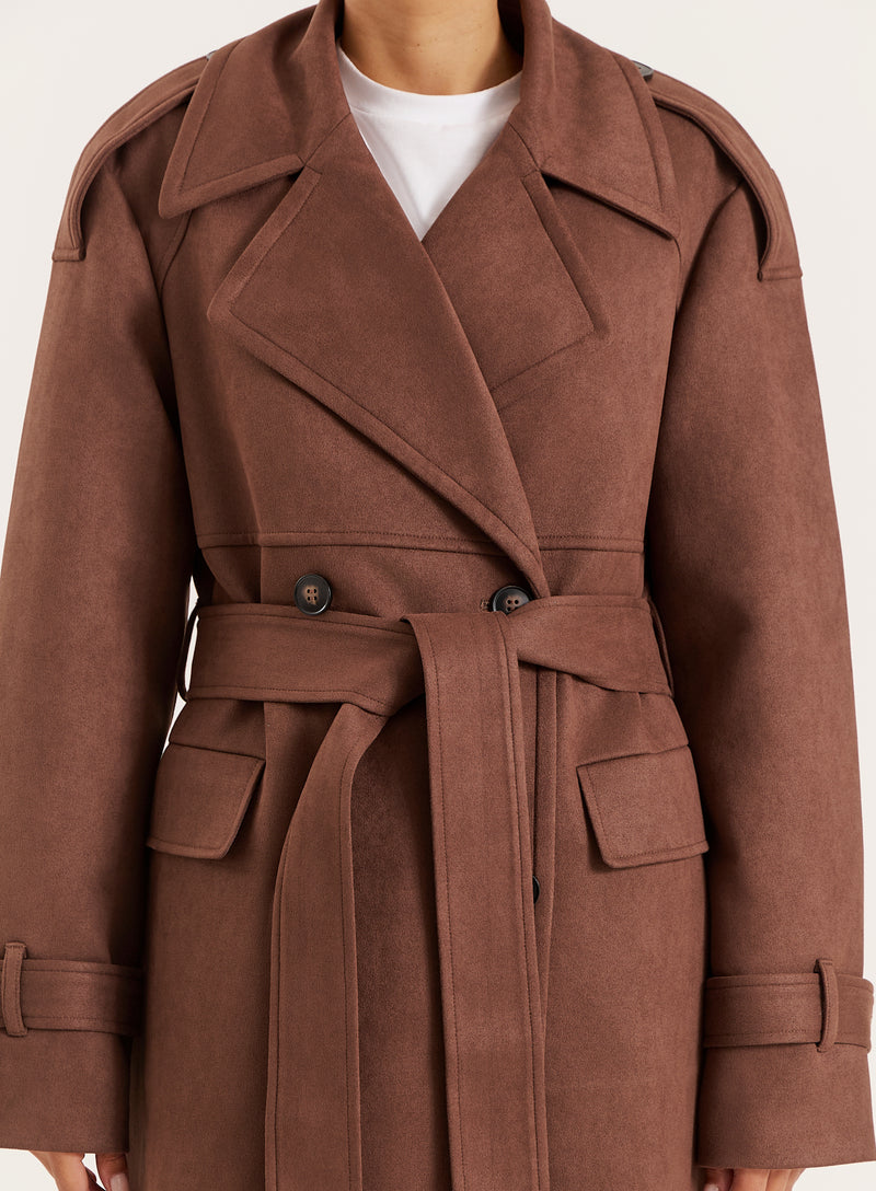 Brown Faux Suede Belted Trench Coat- Wallace