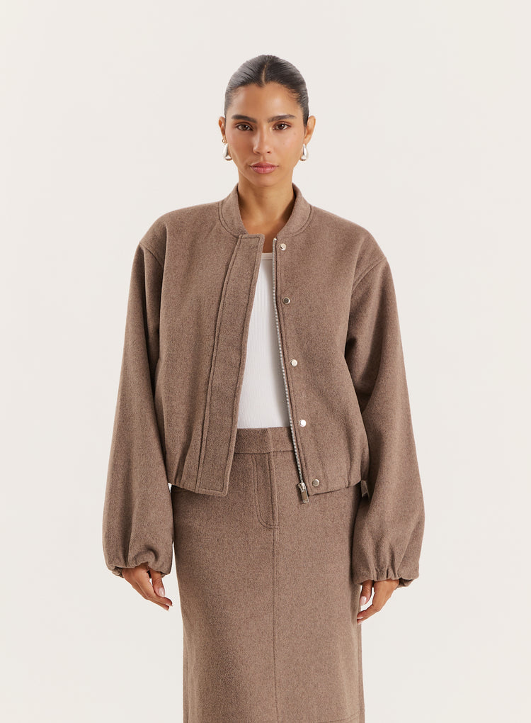 Brown Cropped Wool Effect Bomber- Conrad