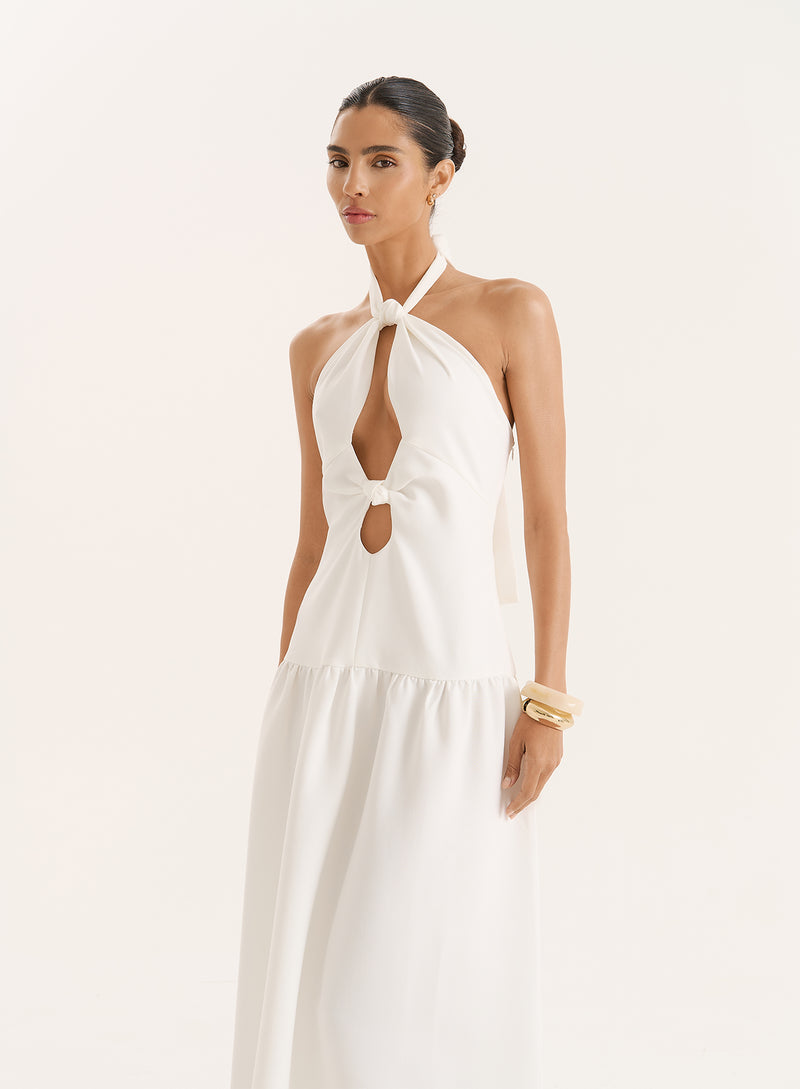 Off White Halterneck Drop Waist Maxi Dress- Leona