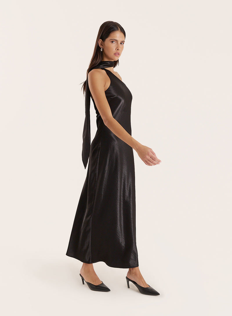 Black Satin One Shoulder Scarf Neck Maxi Dress- Ellen