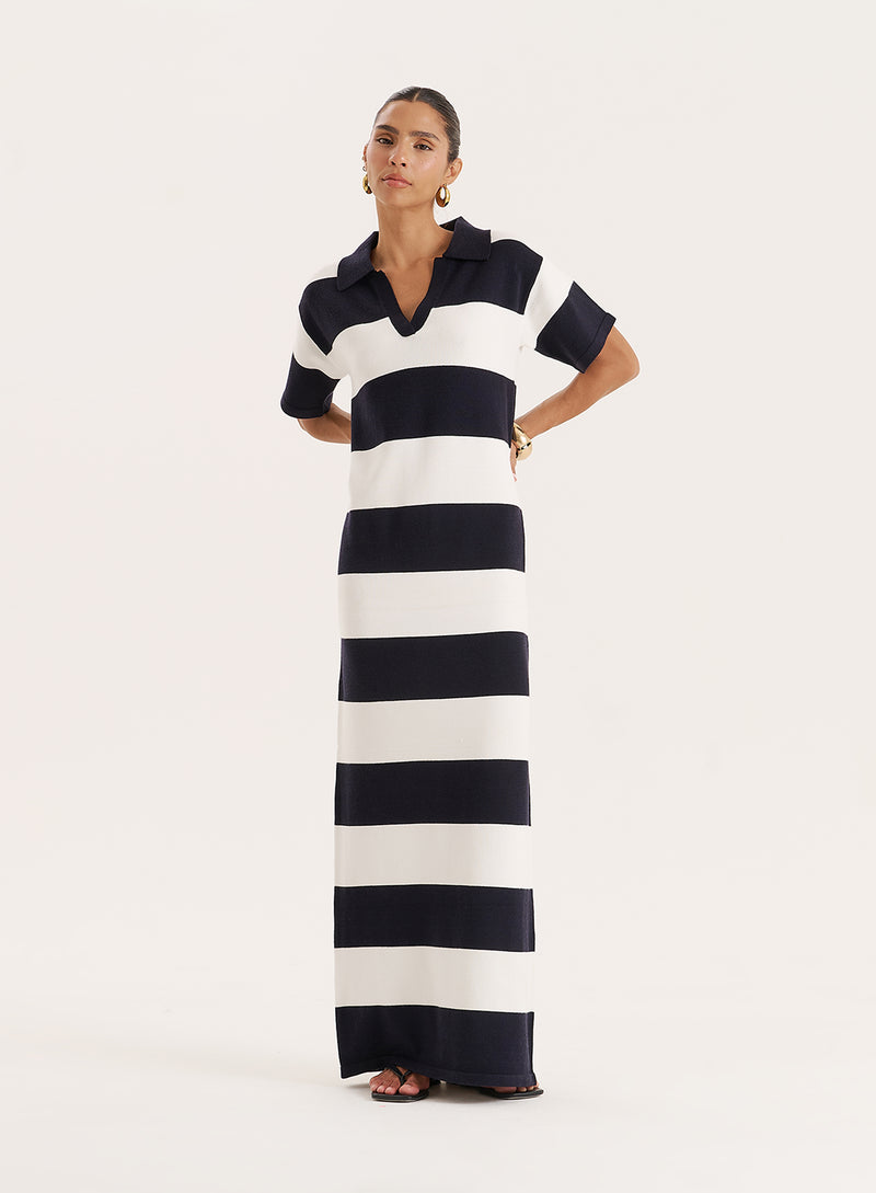 Black And White Stripe Knitted Rugby Maxi Dress- Esme