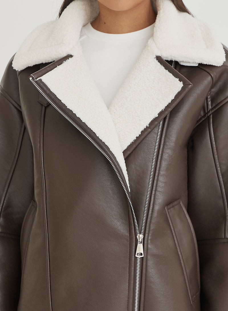 Brown Faux Leather Aviator Jacket- Billy