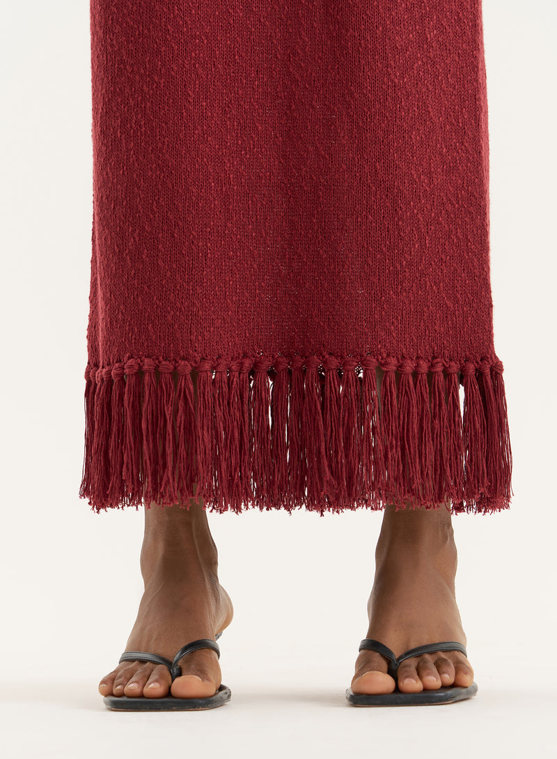 Burgundy Tassel Trim Knitted Maxi Skirt- Gabby