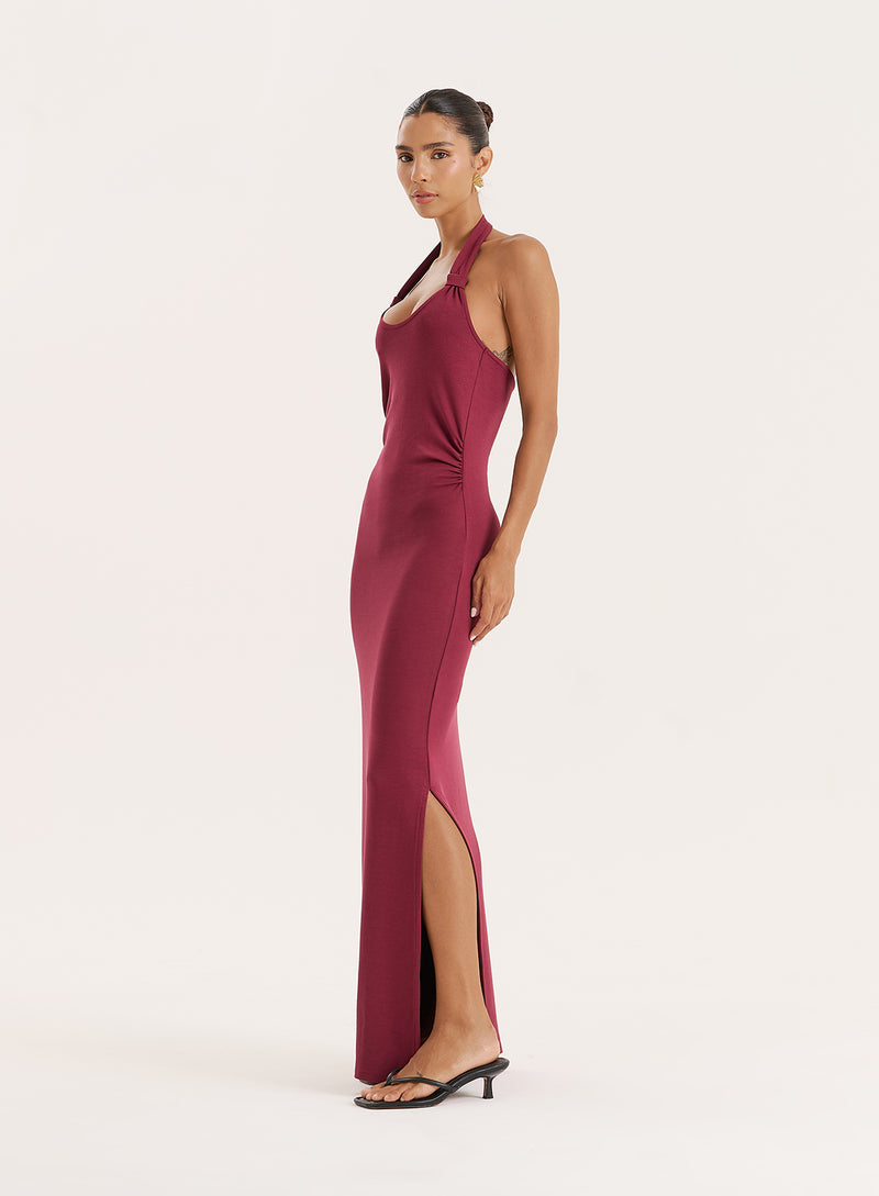 Plum Knot Detail Halterneck Jersey Maxi Dress- Evie