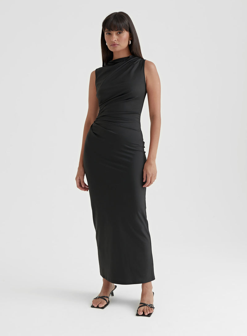 Black Ruched Jersey Midaxi Dress - Tamilda