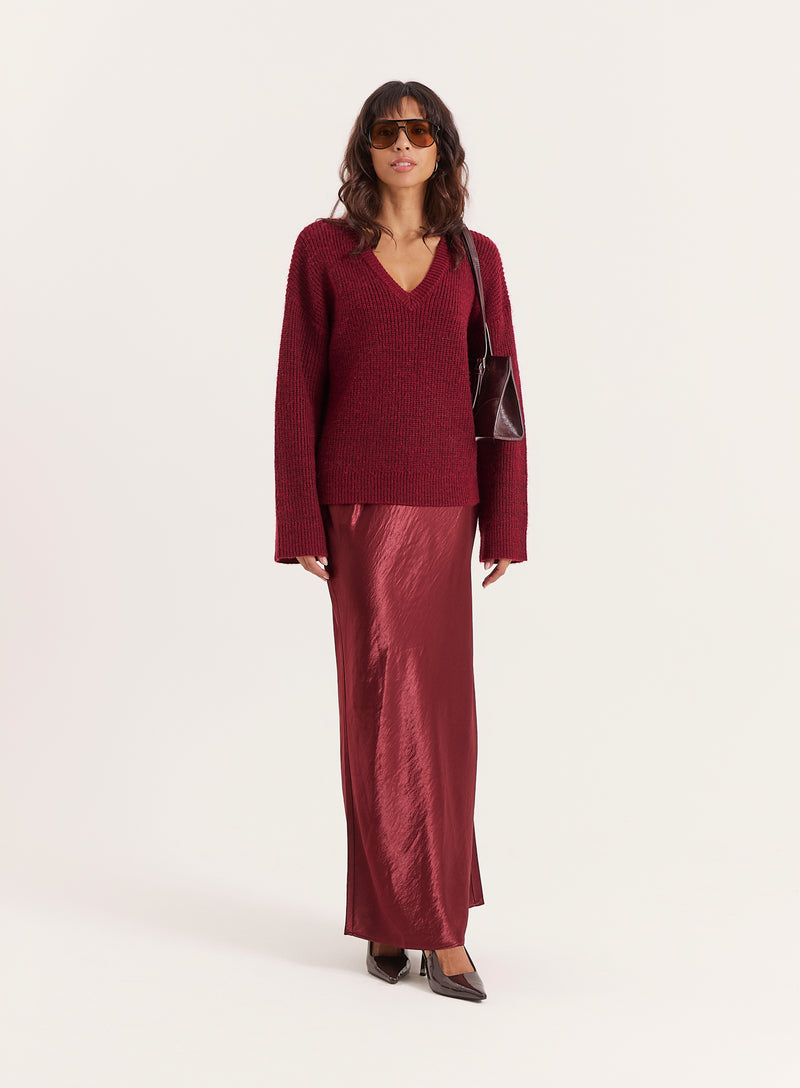 Burgundy Satin Maxi Skirt- Novah
