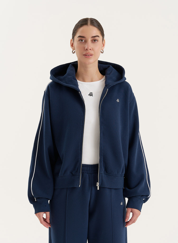 Navy Fourth Branded Cropped Zip Hoodie- Carey