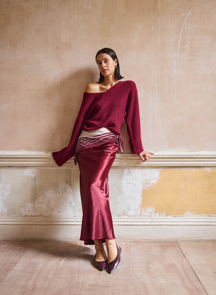 Burgundy Satin Maxi Skirt- Novah
