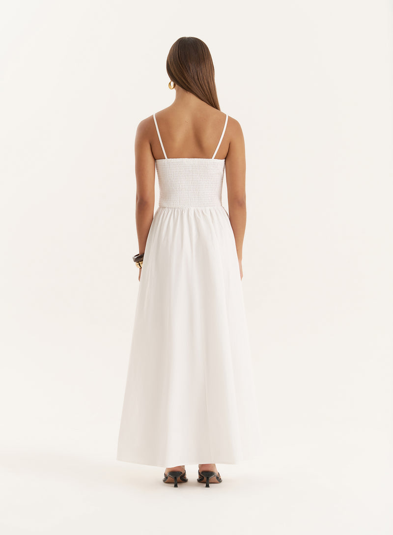 White Shirred Cotton Maxi Dress- Milano