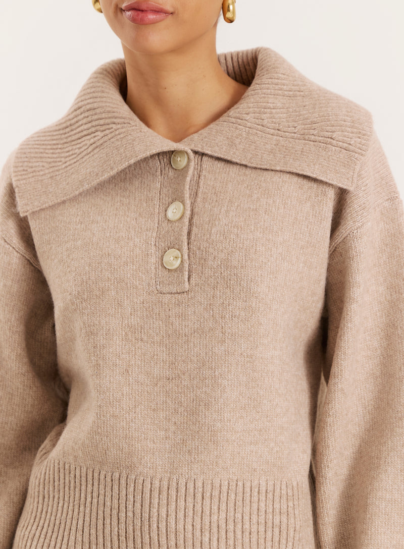 Beige Knitted Buttoned Collar Jumper- Eddie
