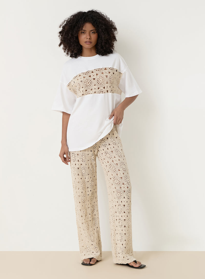 Cream Crochet Panel T-Shirt- Soleil