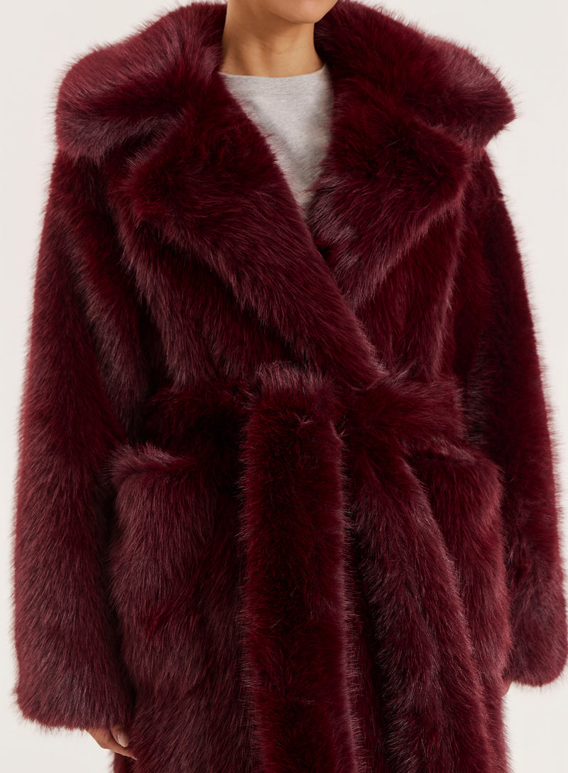 Burgundy Faux Fur Belted Longline Coat- Schiffer