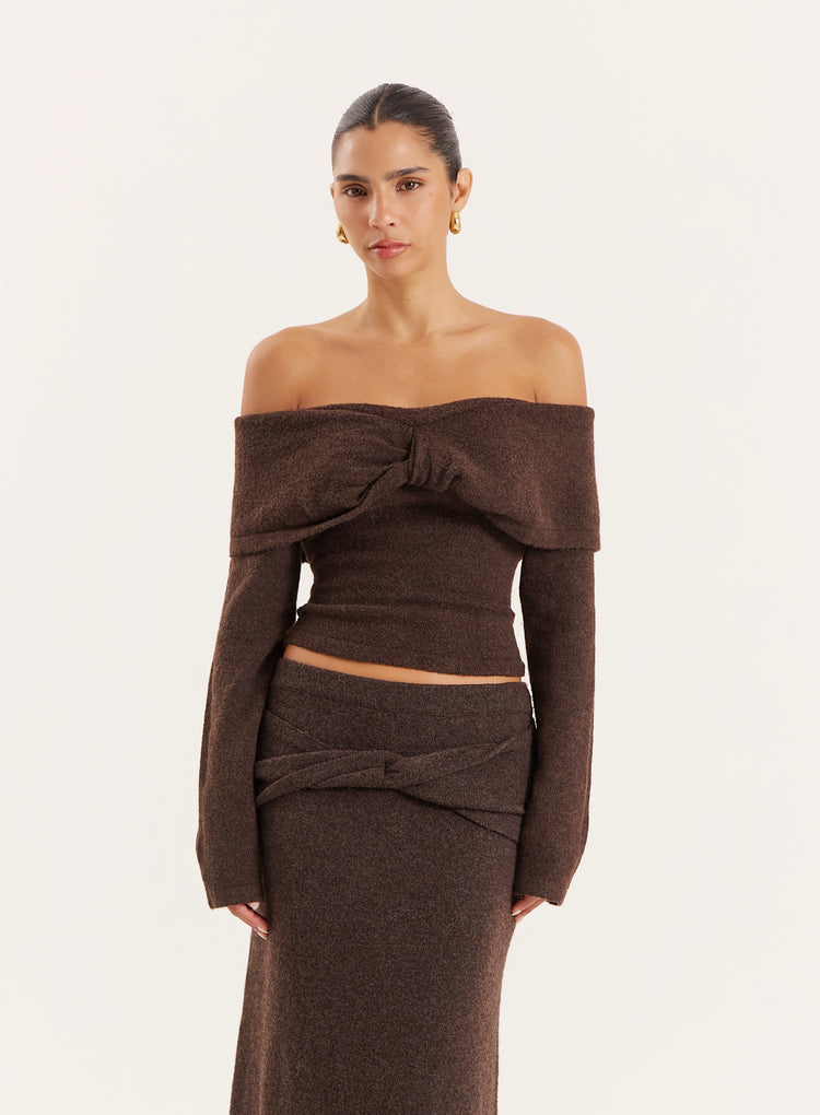 Chocolate Knitted Bardot Long Sleeved Top- Selene