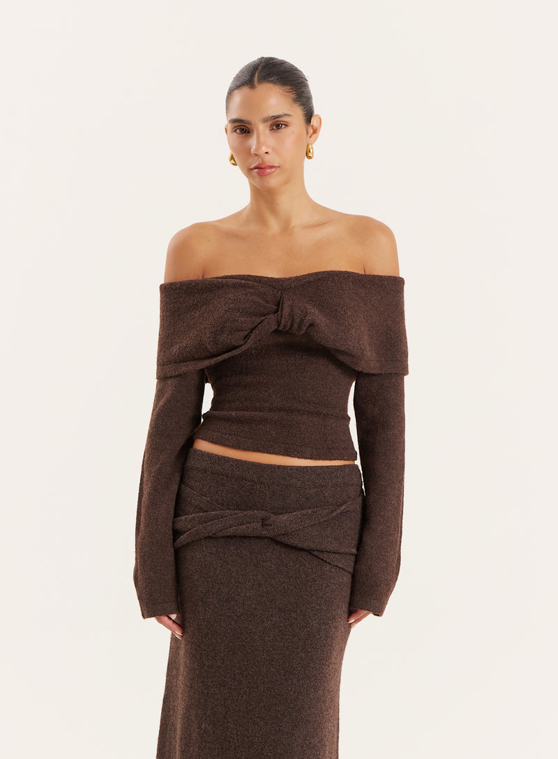 Chocolate Knitted Bardot Long Sleeved Top- Selene