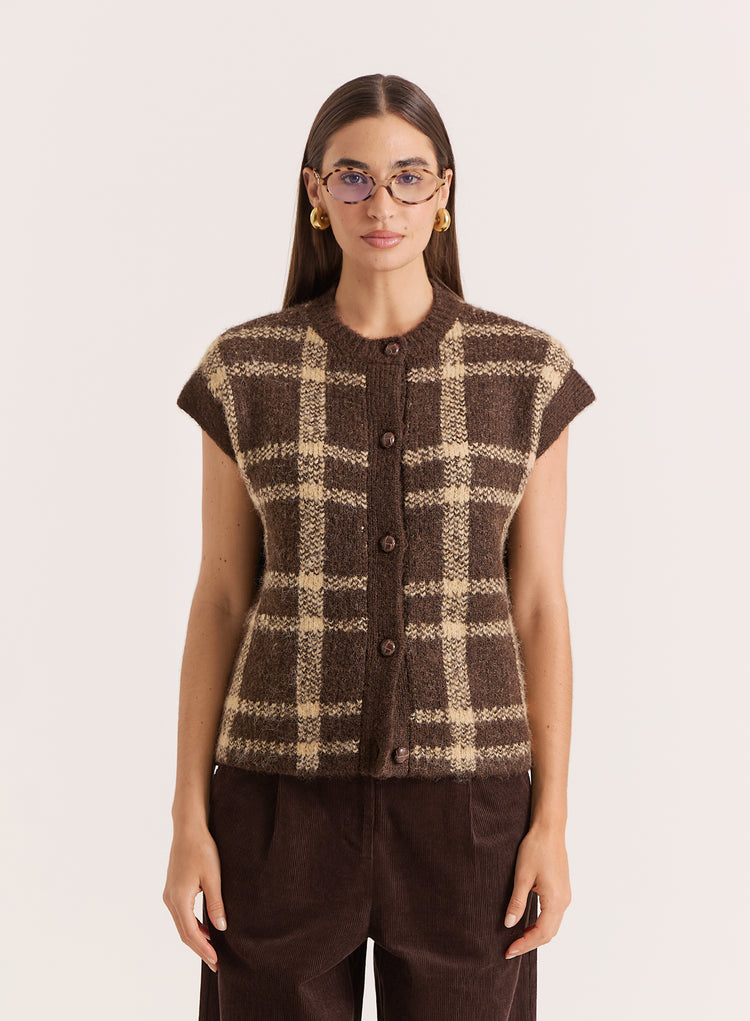 Multi Check Knitted Button Down Vest- Ashley