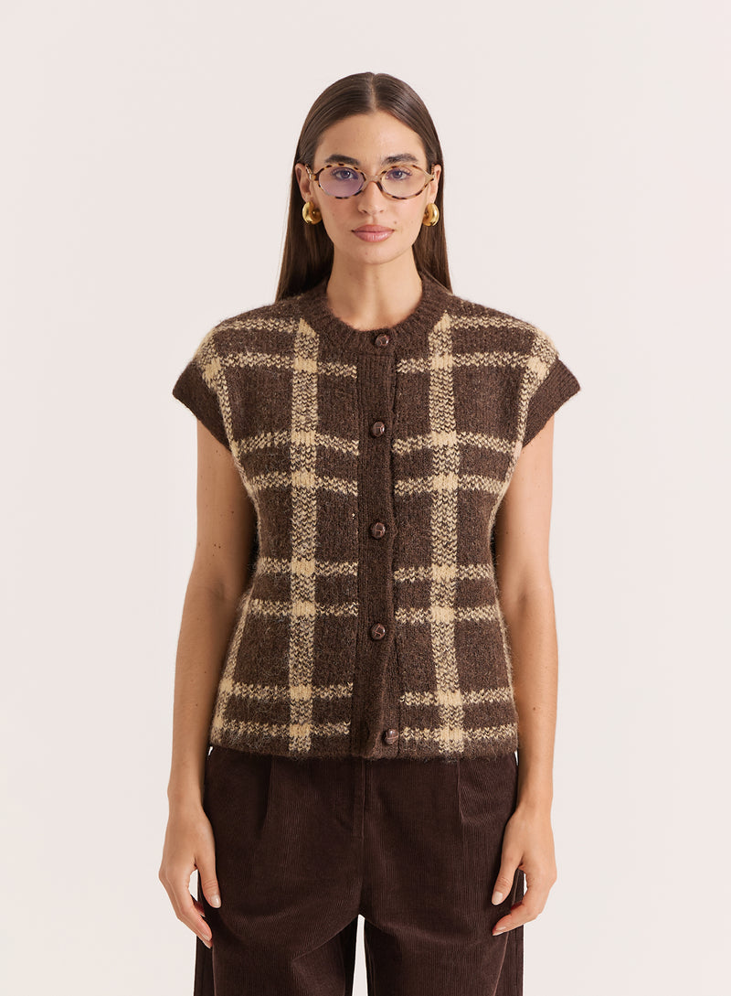 Multi Check Knitted Button Down Vest- Ashley