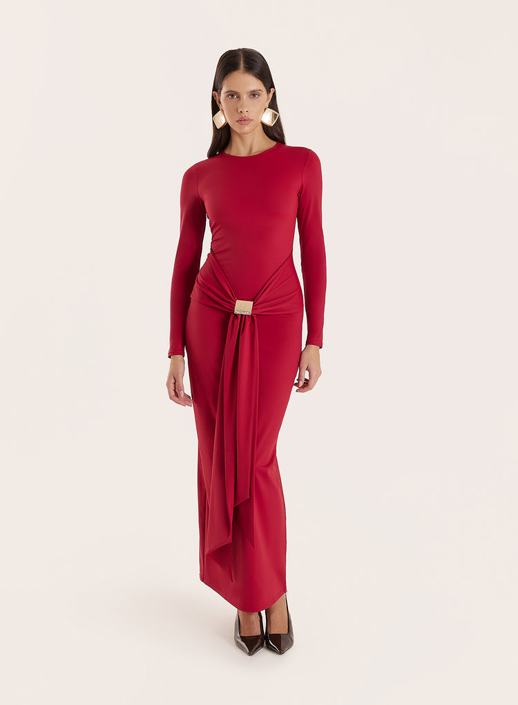 Red Jersey Hardware Waist Detail Maxi Dress- Mel