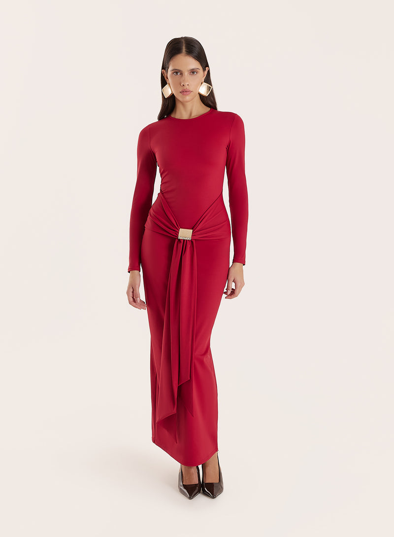 Red Jersey Hardware Waist Detail Maxi Dress- Mel
