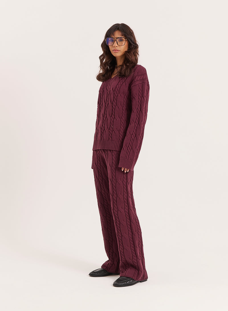 Burgundy Cable Knit V Neck Jumper- Jordan