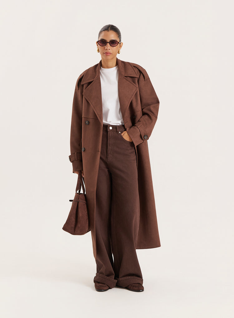 Brown Faux Suede Belted Trench Coat- Wallace