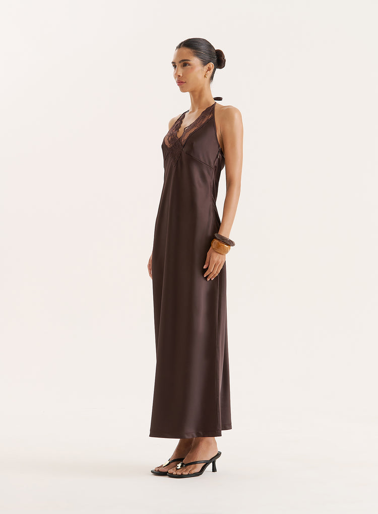 Chocolate Lace Trim Halterneck Satin Maxi Dress- Blair