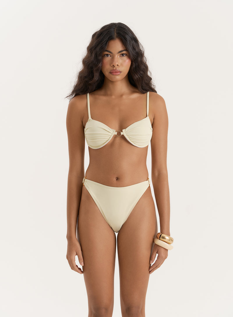 Cream Gold Buckle High Leg Bikini Bottom- Mahli