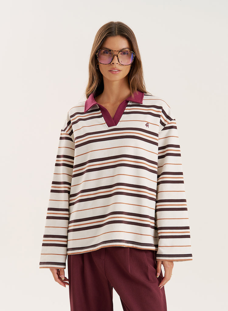 Cream And Chocolate Stripe Contrast Collar Rugby Top- Hailey