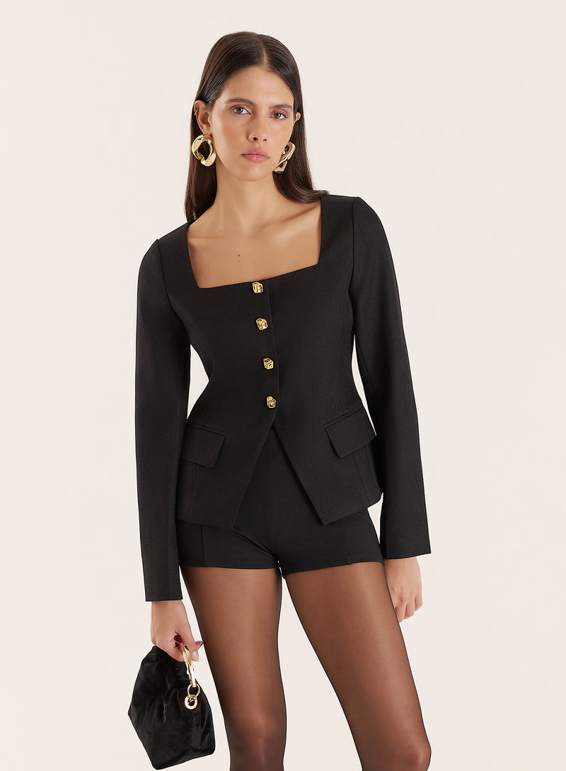 Black Square Neck Gold Buttoned Jacket- Sadie