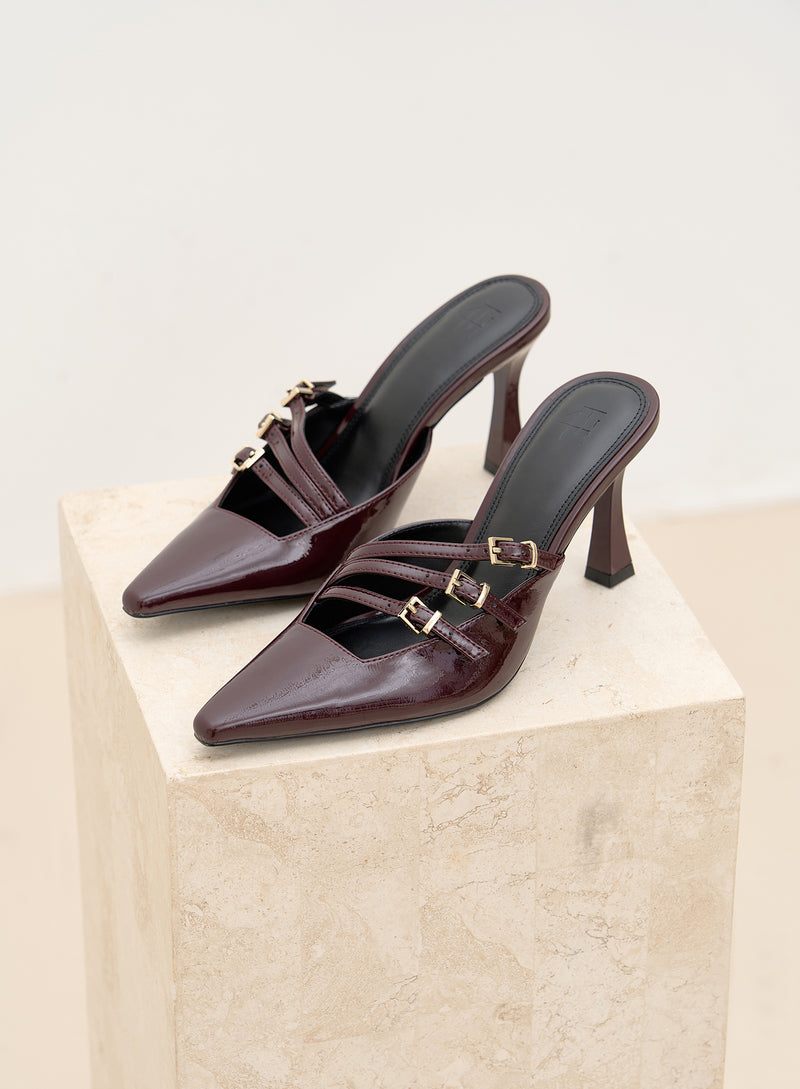 Dark Red Patent Buckle Mule - Cara