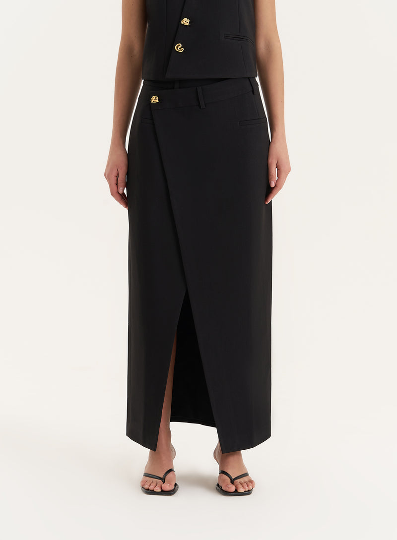 Black Asymmetric Waist Side Split Maxi Skirt- Brie