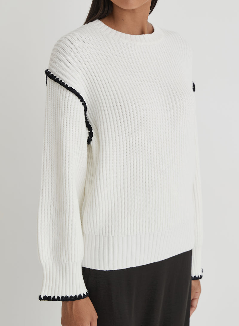 Cream Contrast Stitching Knit Jumper- Hollie