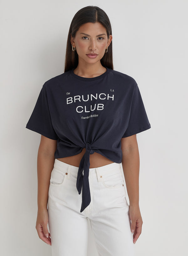 Navy Tie Front Brunch Club T-Shirt- Ellira