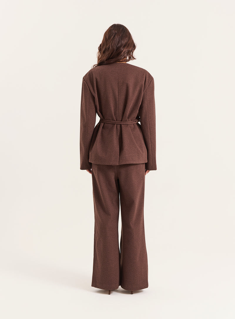 Chocolate Herringbone Tie-Waist Wrap Jacket- Luca