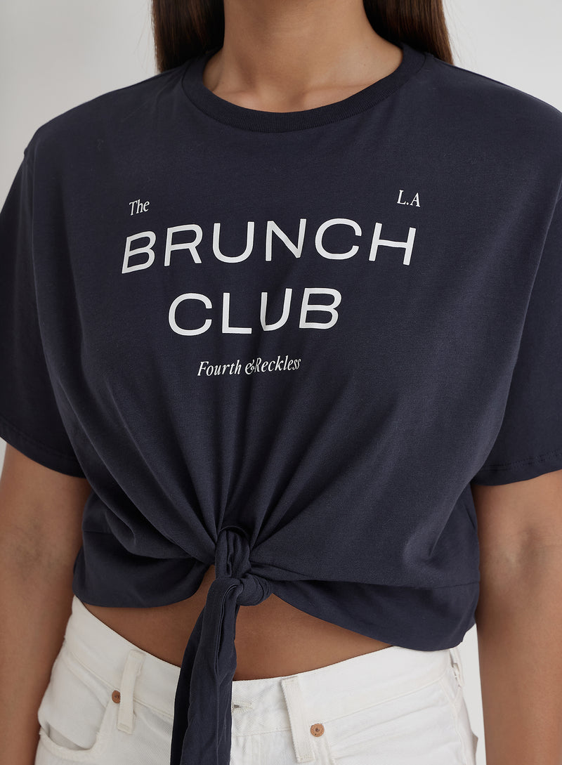 Navy Tie Front Brunch Club T-Shirt- Ellira