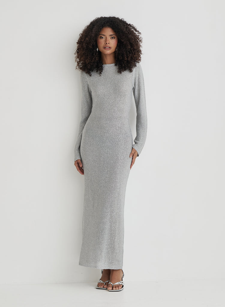 Silver Sequin Knitted Maxi Dress- Sisca