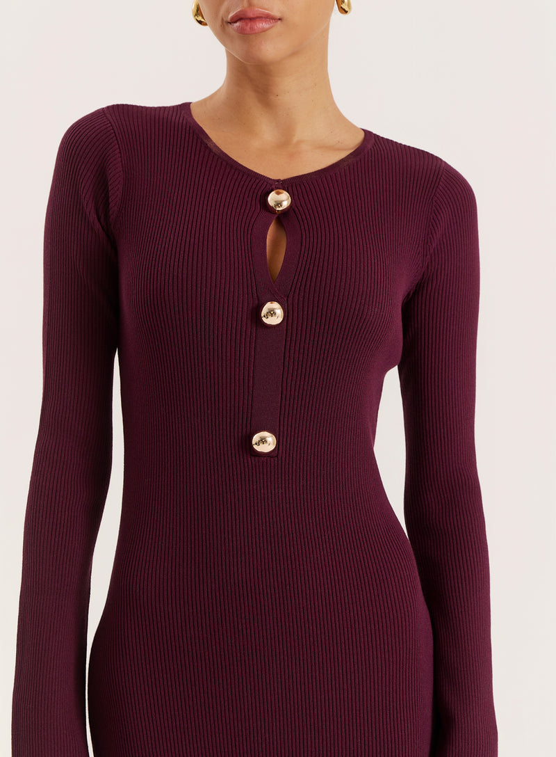 Plum Cut-out Flare Sleeved Knitted Maxi Dress- Rita