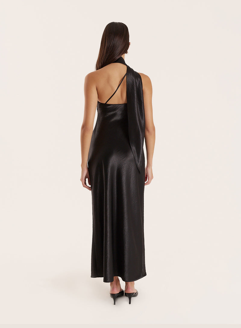 Black Satin One Shoulder Scarf Neck Maxi Dress