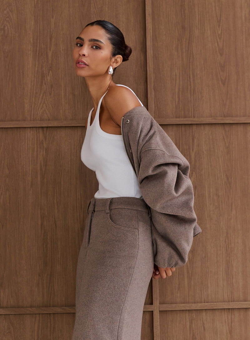 Brown Cropped Wool Effect Bomber- Conrad